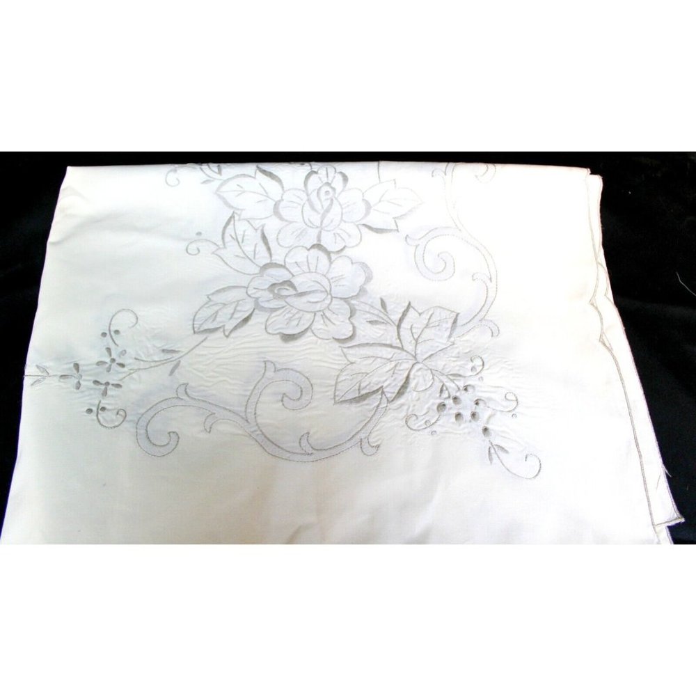 White Linen Tablecloth Grey Embroidered Flowers Scallop Edge Elegant Tea Party